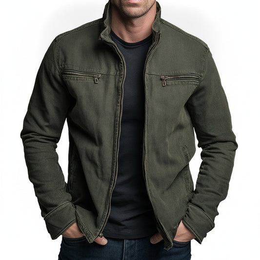 Men's Vintage Stand-Collar Zip Jacket with Chest Pockets and Side Pockets