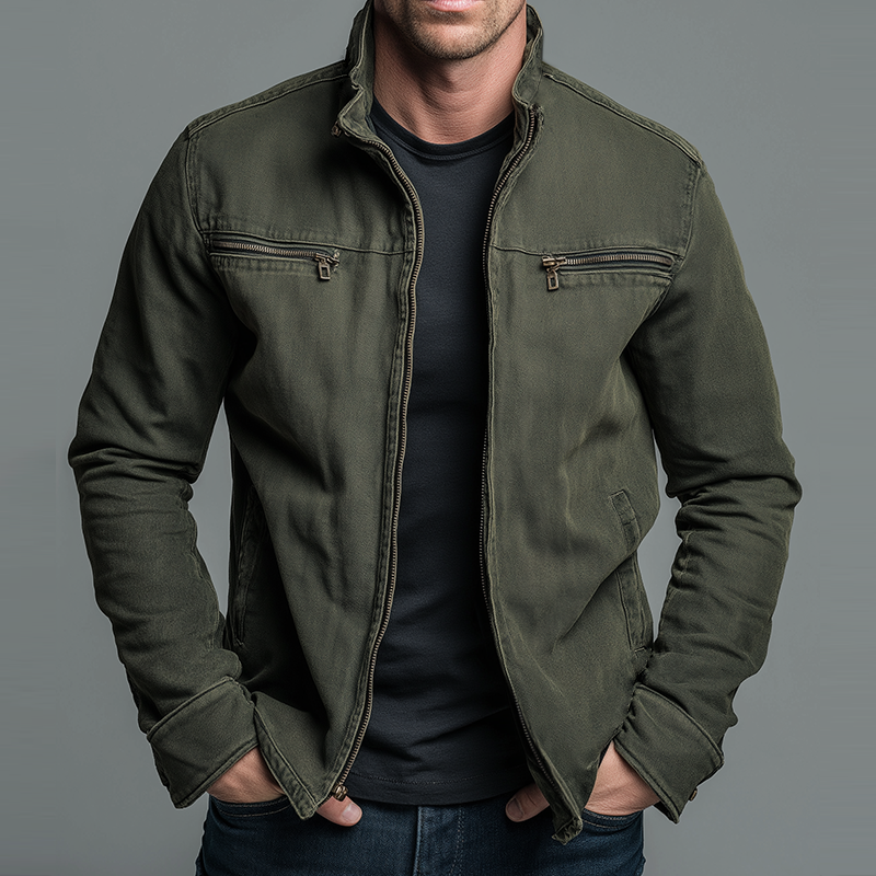 Men's Vintage Stand-Collar Zip Jacket with Chest Pockets and Side Pockets