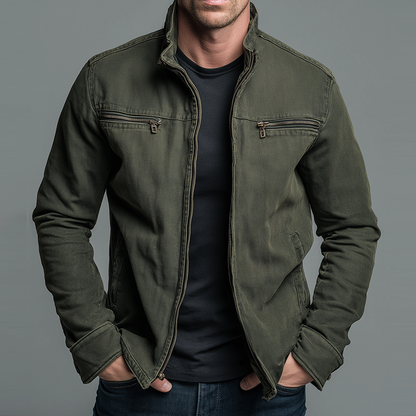 Men's Vintage Stand-Collar Zip Jacket with Chest Pockets and Side Pockets