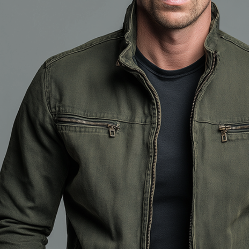 Men's Vintage Stand-Collar Zip Jacket with Chest Pockets and Side Pockets