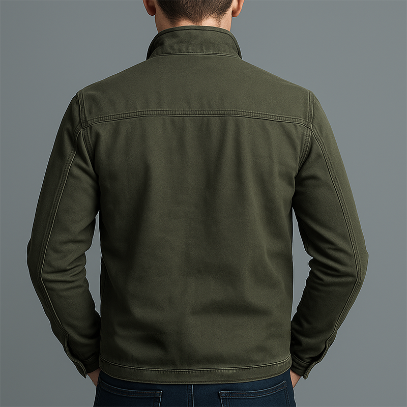 Men's Vintage Stand-Collar Zip Jacket with Chest Pockets and Side Pockets