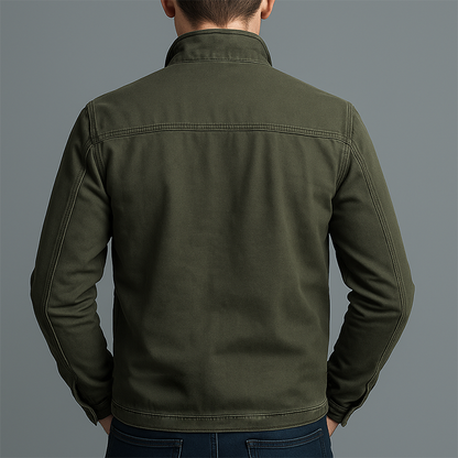 Men's Vintage Stand-Collar Zip Jacket with Chest Pockets and Side Pockets
