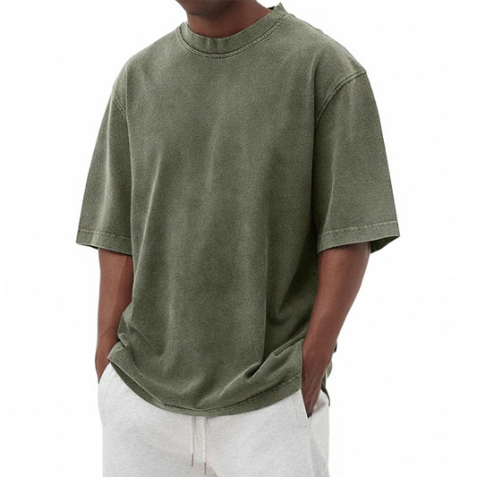 Men's Vintage Washed Oversized Crew Neck T-Shirt with Short Sleeves - 1