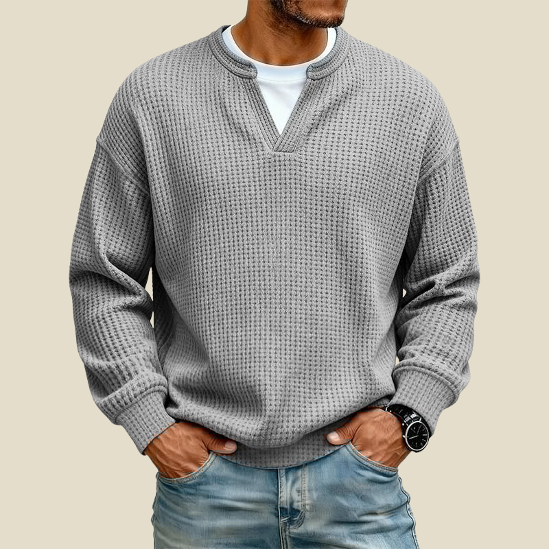 Men's Waffle Textured Sweatshirt with Mock V-Neck