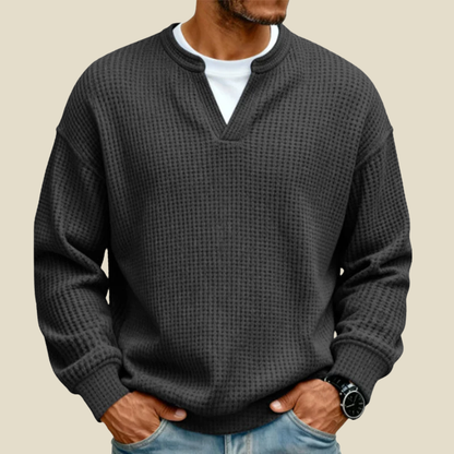 Men's Waffle Textured Sweatshirt with Mock V-Neck