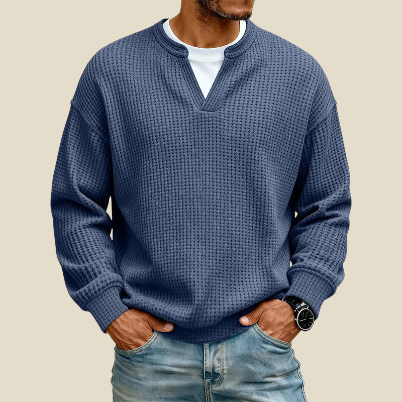Men's Waffle Textured Sweatshirt with Mock V-Neck