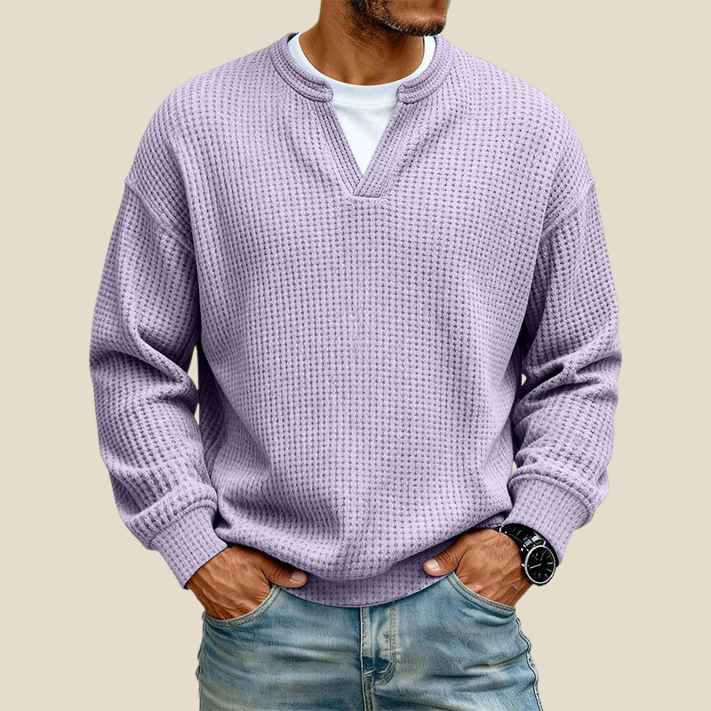 Men's Waffle Textured Sweatshirt with Mock V-Neck