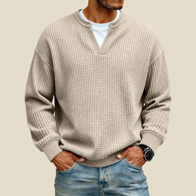 Men's Waffle Textured Sweatshirt with Mock V-Neck