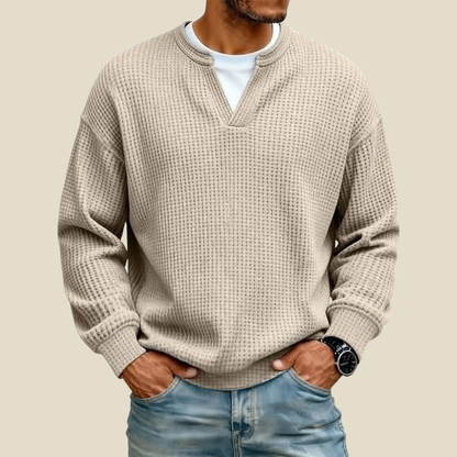 Men's Waffle Textured Sweatshirt with Mock V-Neck