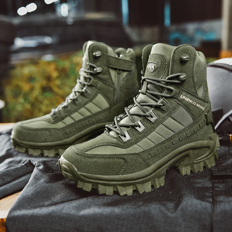Men's Waterproof Tactical Work Boots with Side Zip and Speed Lace Hooks
