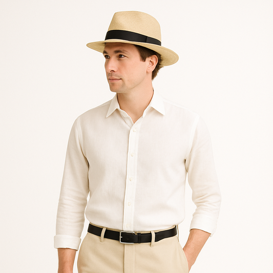 Men's Wide Brim Panama Hat with Contrasting Ribbon - 1