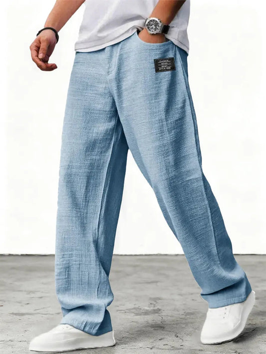 Men's Wide Leg Pants with Patch, Belt, and Side Pockets - 1