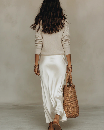 Midi Skirt and V-Neck Knit Sweater Two-Piece Set
