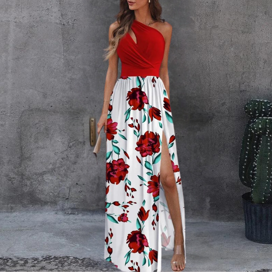 Robe Longue Fleurie à Épaule Asymétrique avec Fente
