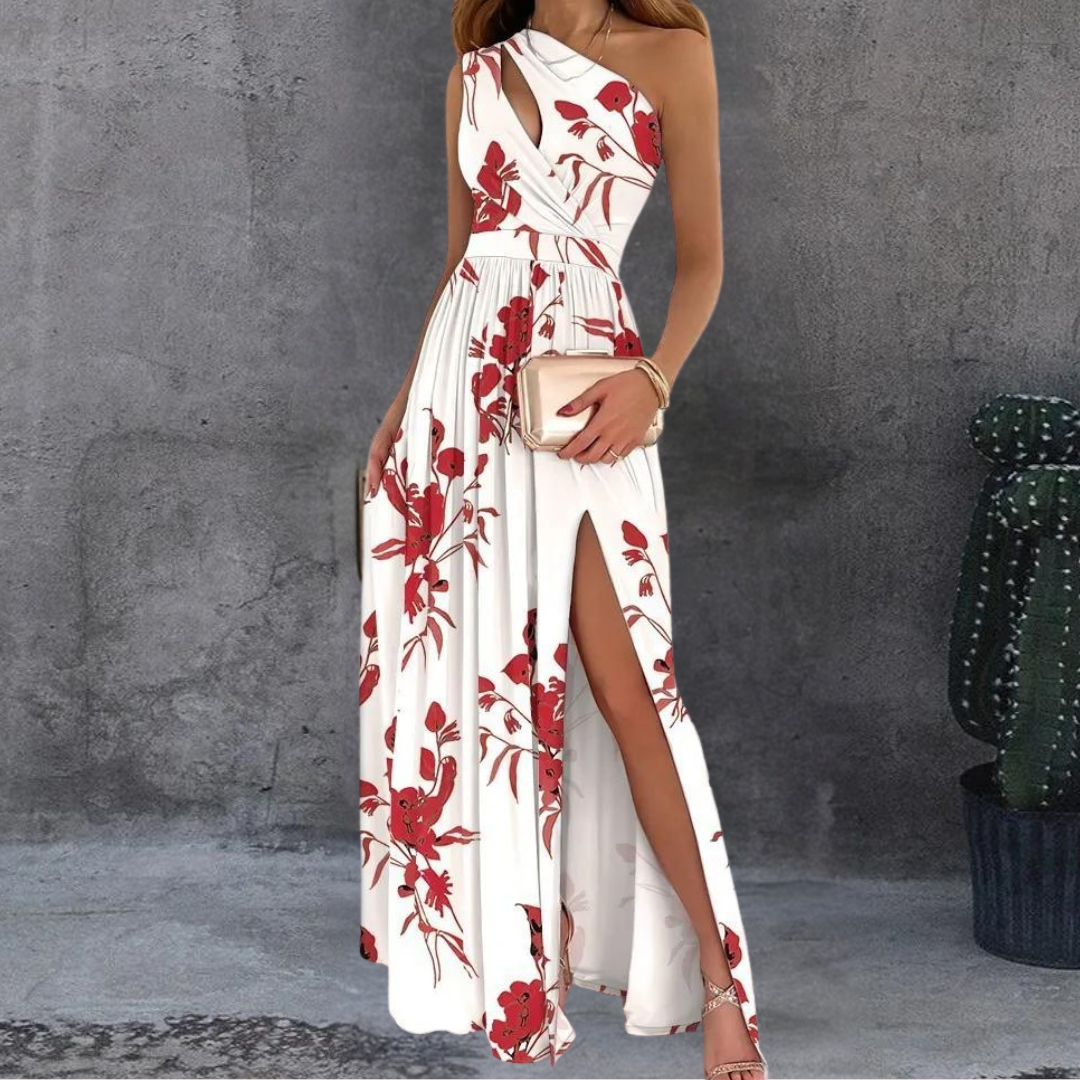 Robe Longue Fleurie à Épaule Asymétrique avec Fente