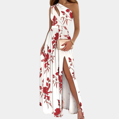 Robe Longue Fleurie à Épaule Asymétrique avec Fente