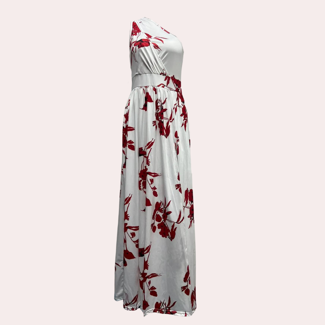 Robe Longue Fleurie à Épaule Asymétrique avec Fente