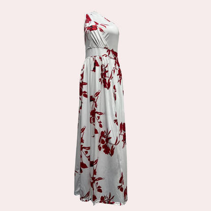 Robe Longue Fleurie à Épaule Asymétrique avec Fente