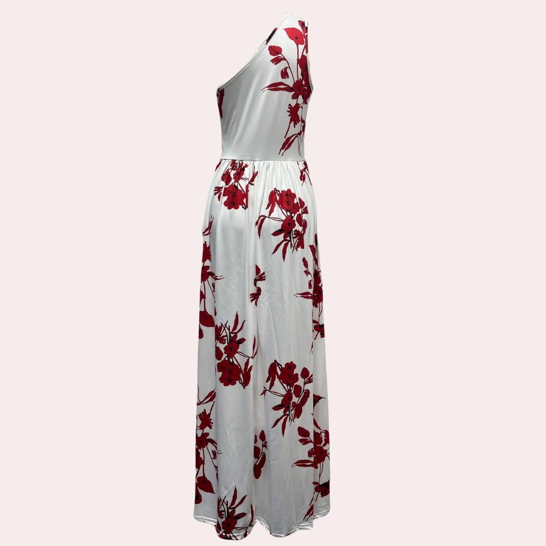 Robe Longue Fleurie à Épaule Asymétrique avec Fente