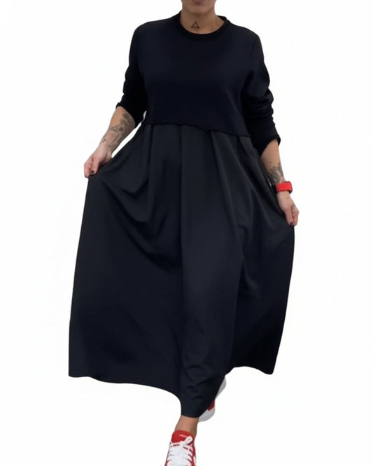 Robe Maxi Femme Col Rond, Manches Longues et Poches