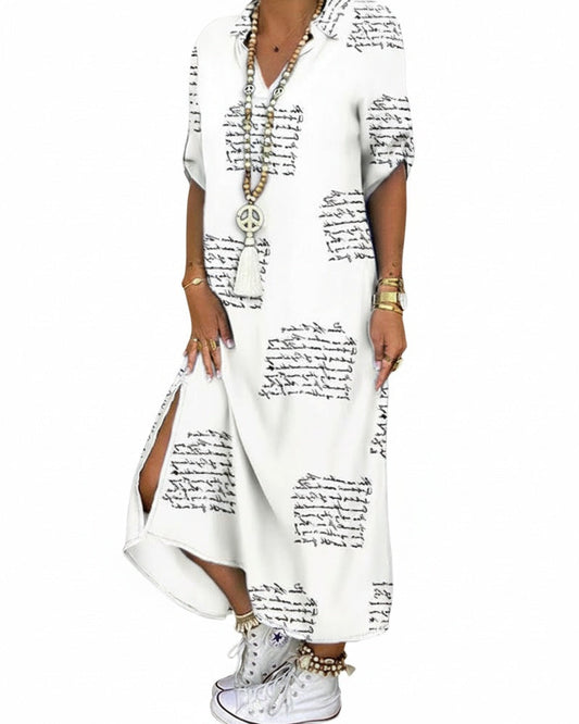 Robe Maxi Femme Manches Courtes, Encolure V et Imprimé Texte