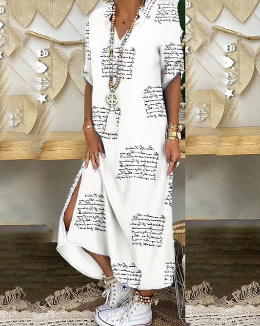 Robe Maxi Femme Manches Courtes, Encolure V et Imprimé Texte