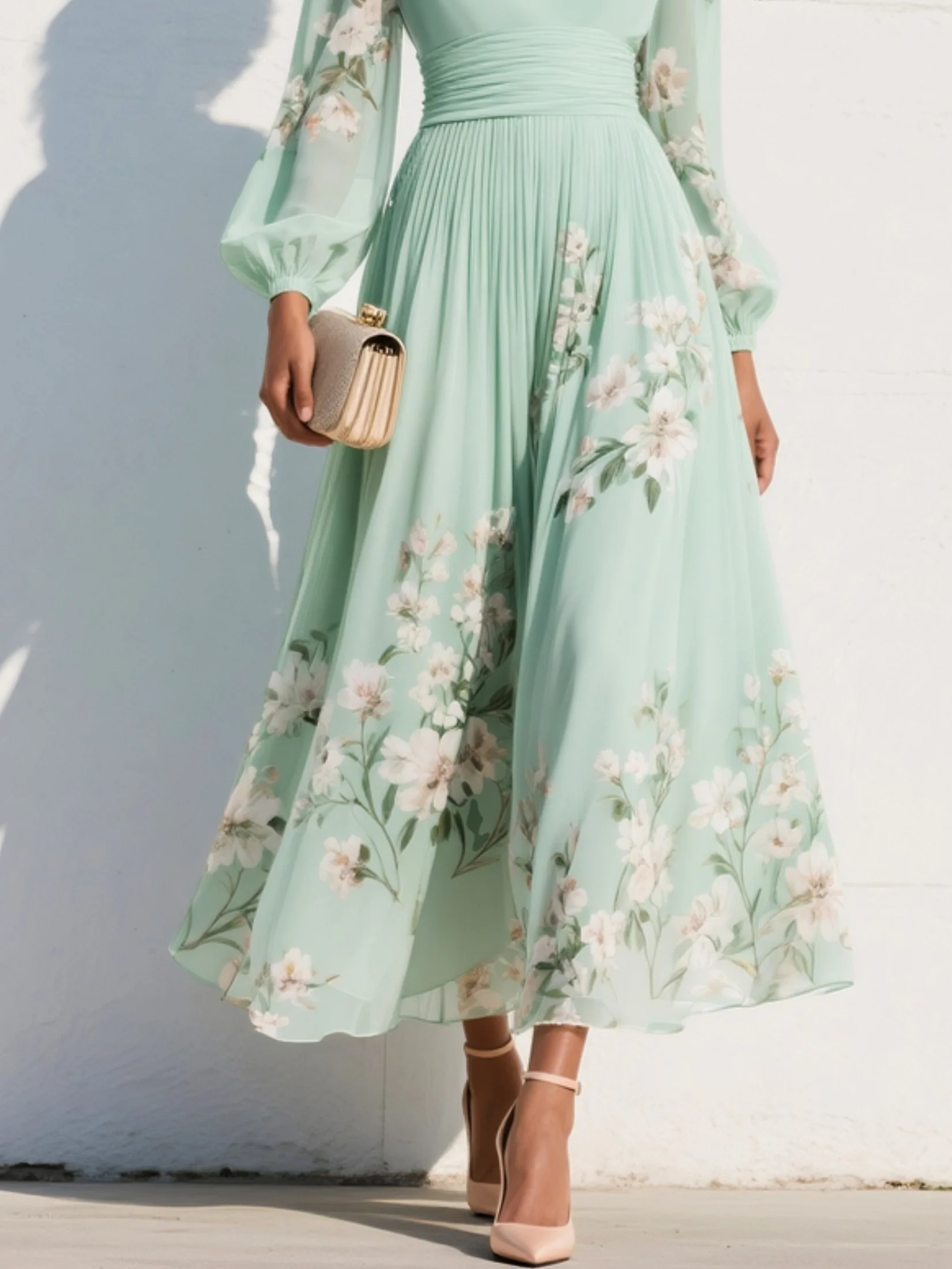 Robe Midi Florale à Col en V, Taille Cintrée et Manches Bouffantes
