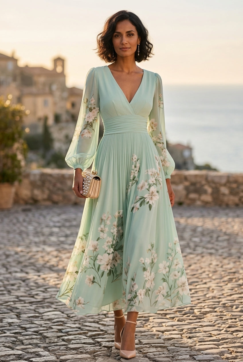 Robe Midi Florale à Col en V, Taille Cintrée et Manches Bouffantes
