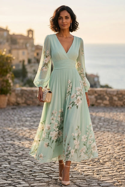 Robe Midi Florale à Col en V, Taille Cintrée et Manches Bouffantes