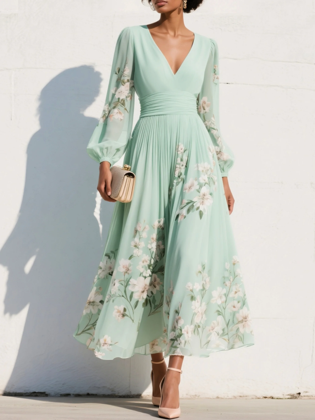 Robe Midi Florale à Col en V, Taille Cintrée et Manches Bouffantes