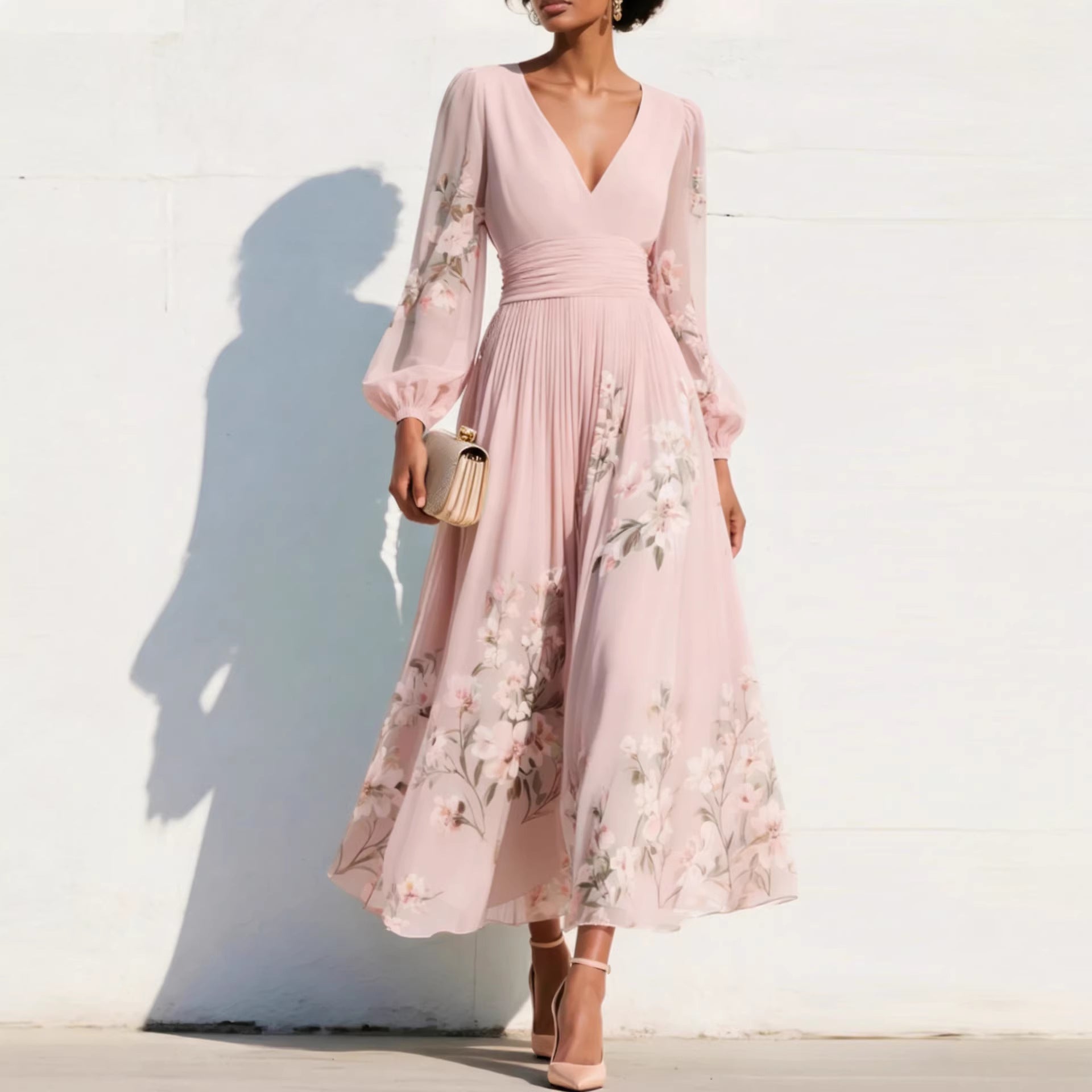 Robe Midi Florale à Col en V, Taille Cintrée et Manches Bouffantes