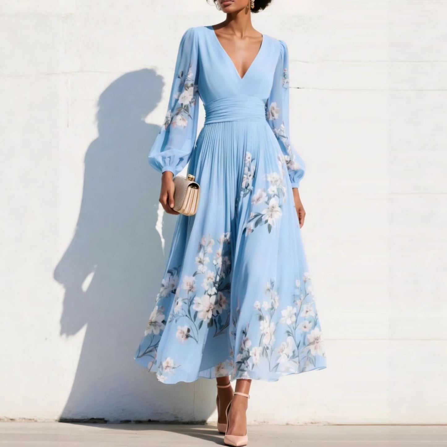 Robe Midi Florale à Col en V, Taille Cintrée et Manches Bouffantes