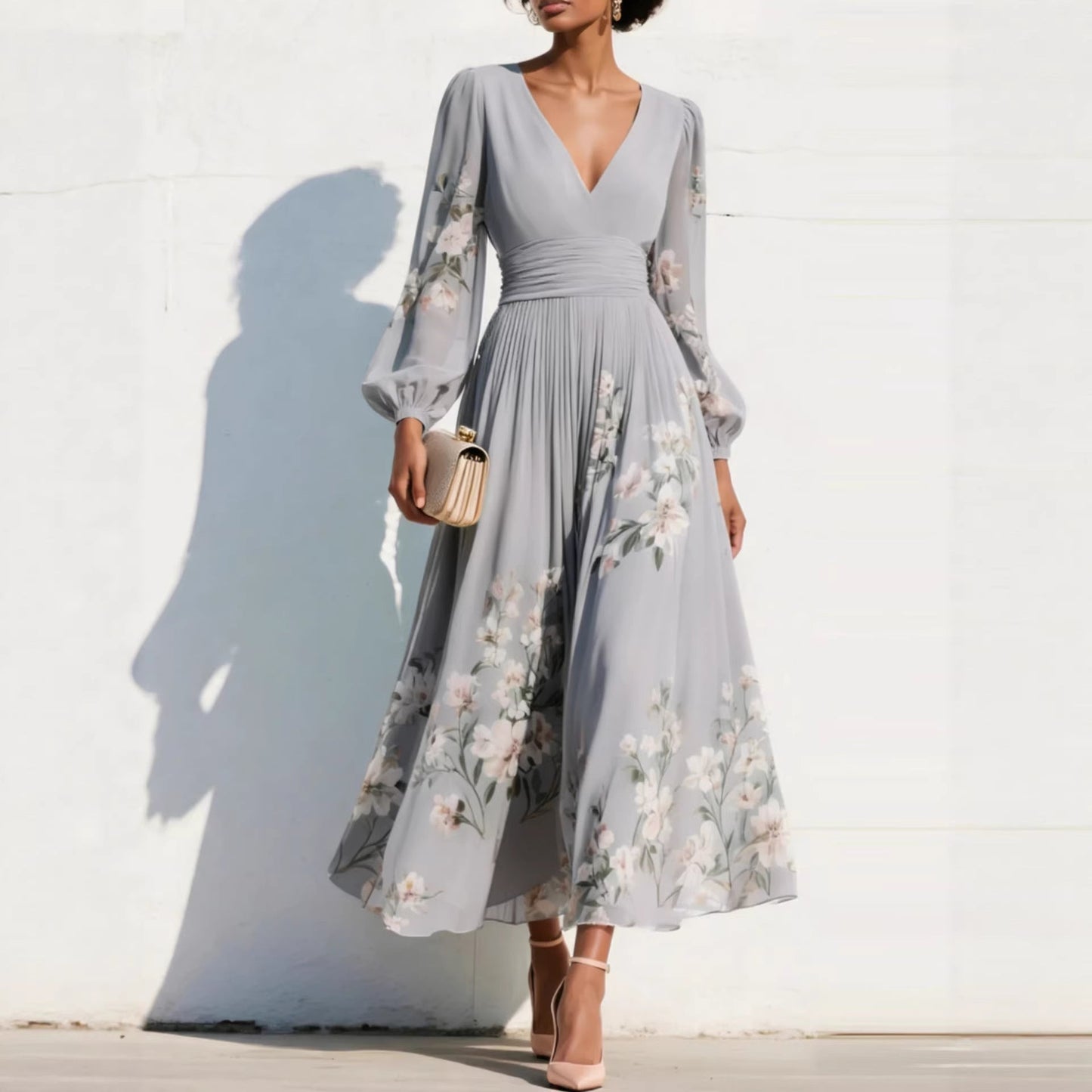 Robe Midi Florale à Col en V, Taille Cintrée et Manches Bouffantes