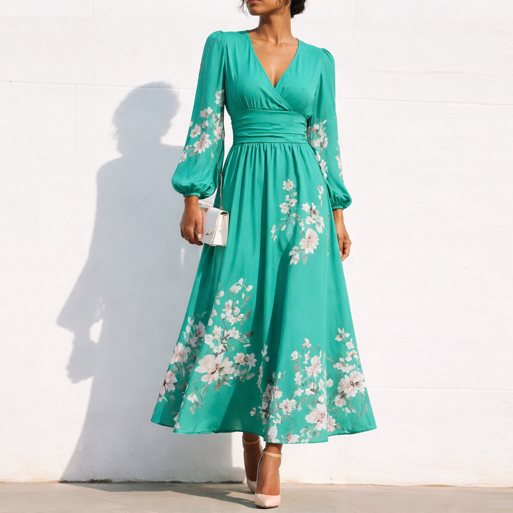 Robe Midi Florale à Col en V, Taille Cintrée et Manches Bouffantes