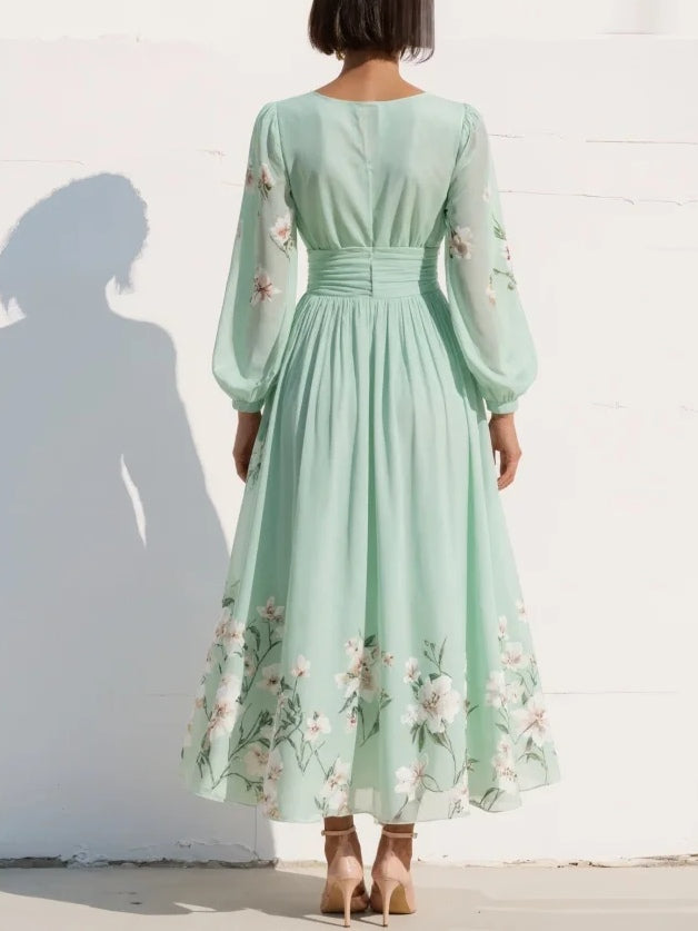 Robe Midi Florale à Col en V, Taille Cintrée et Manches Bouffantes