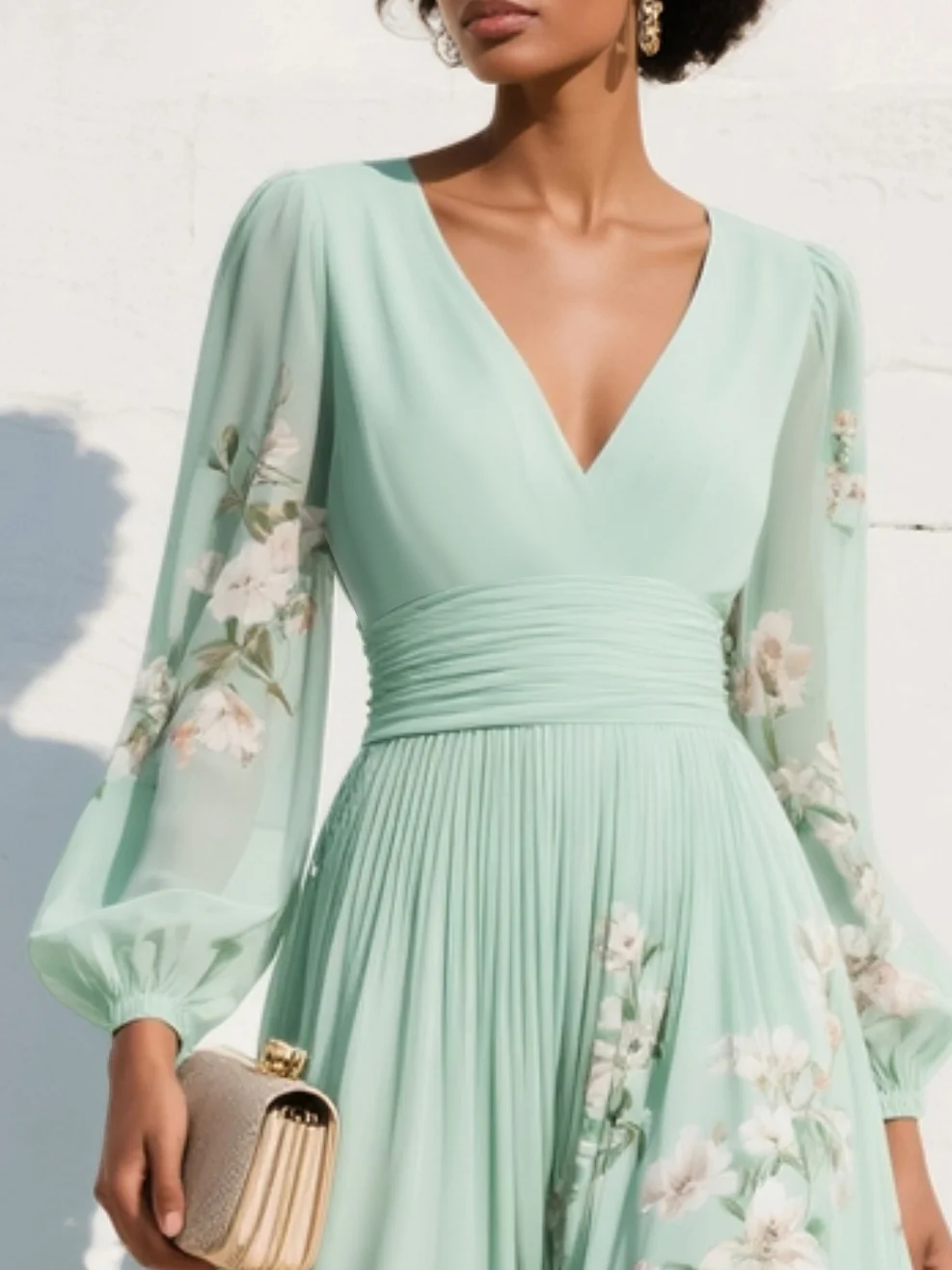Robe Midi Florale à Col en V, Taille Cintrée et Manches Bouffantes