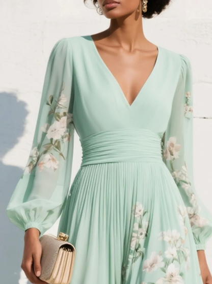 Robe Midi Florale à Col en V, Taille Cintrée et Manches Bouffantes
