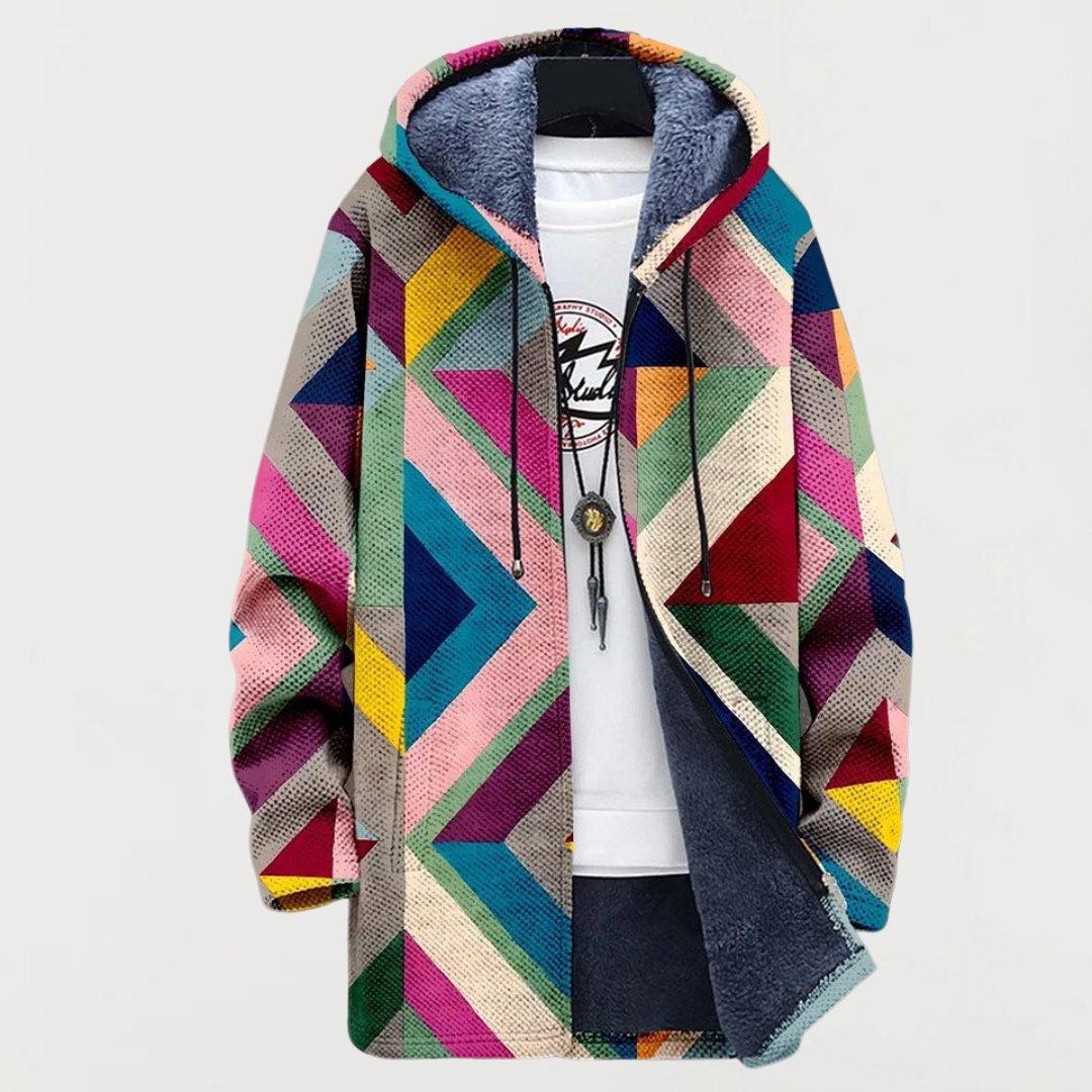 Unisex Geometric Print Zip Hoodie with Hood and Drawstring