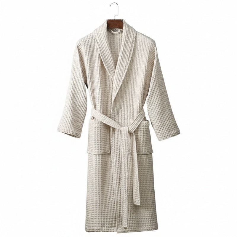 Unisex Waffle Bathrobe with Shawl Collar and Belt