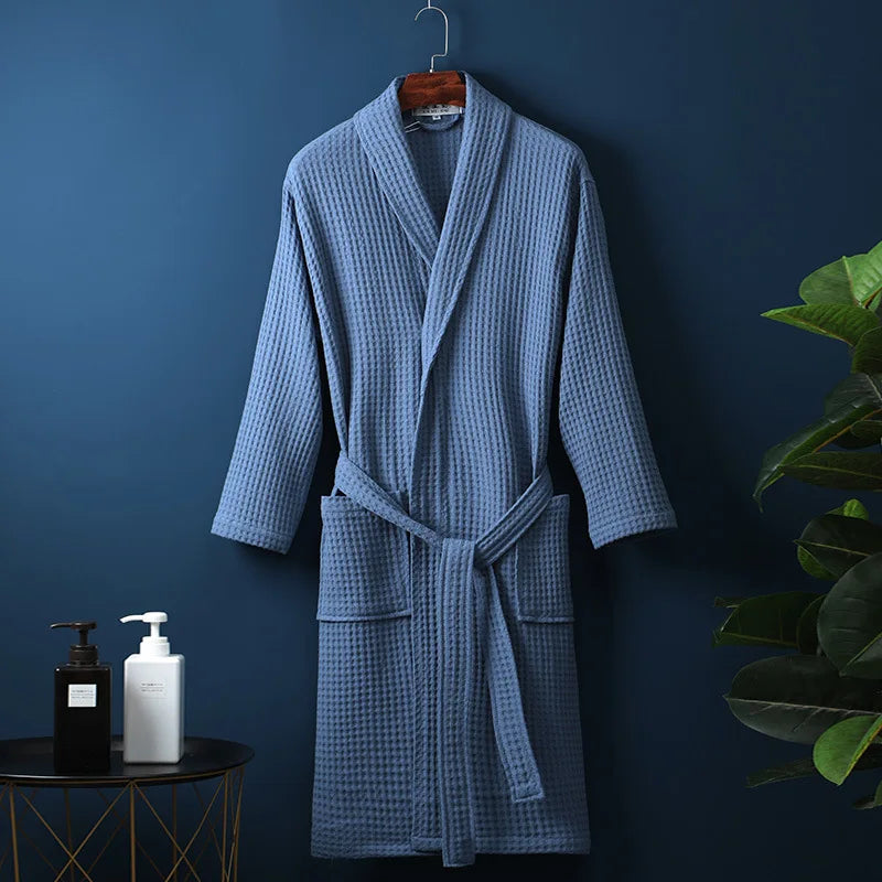 Unisex Waffle Bathrobe with Shawl Collar and Belt