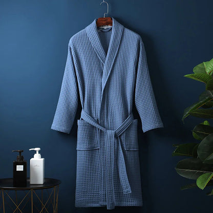 Unisex Waffle Bathrobe with Shawl Collar and Belt