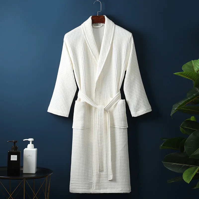 Unisex Waffle Bathrobe with Shawl Collar and Belt