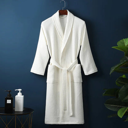 Unisex Waffle Bathrobe with Shawl Collar and Belt