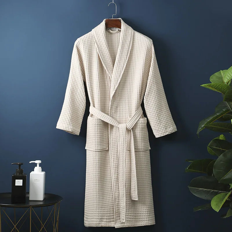 Unisex Waffle Bathrobe with Shawl Collar and Belt