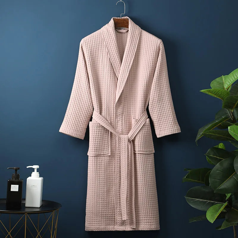 Unisex Waffle Bathrobe with Shawl Collar and Belt