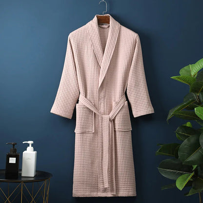 Unisex Waffle Bathrobe with Shawl Collar and Belt