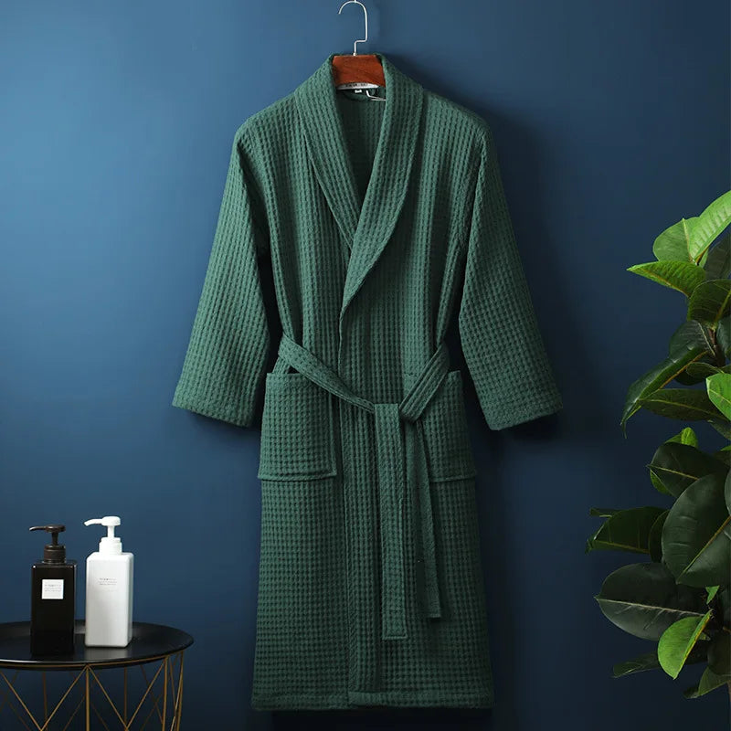 Unisex Waffle Bathrobe with Shawl Collar and Belt