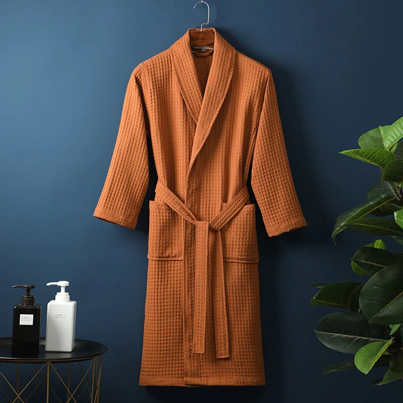Unisex Waffle Bathrobe with Shawl Collar and Belt