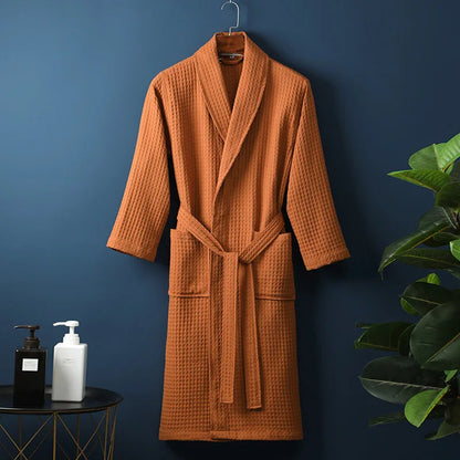 Unisex Waffle Bathrobe with Shawl Collar and Belt