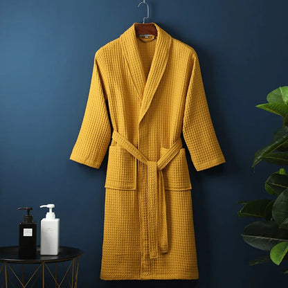 Unisex Waffle Bathrobe with Shawl Collar and Belt